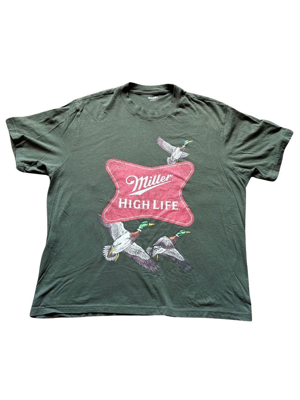 Old Navy Men's Green Miller High Life Graphic Tee with Red Logo